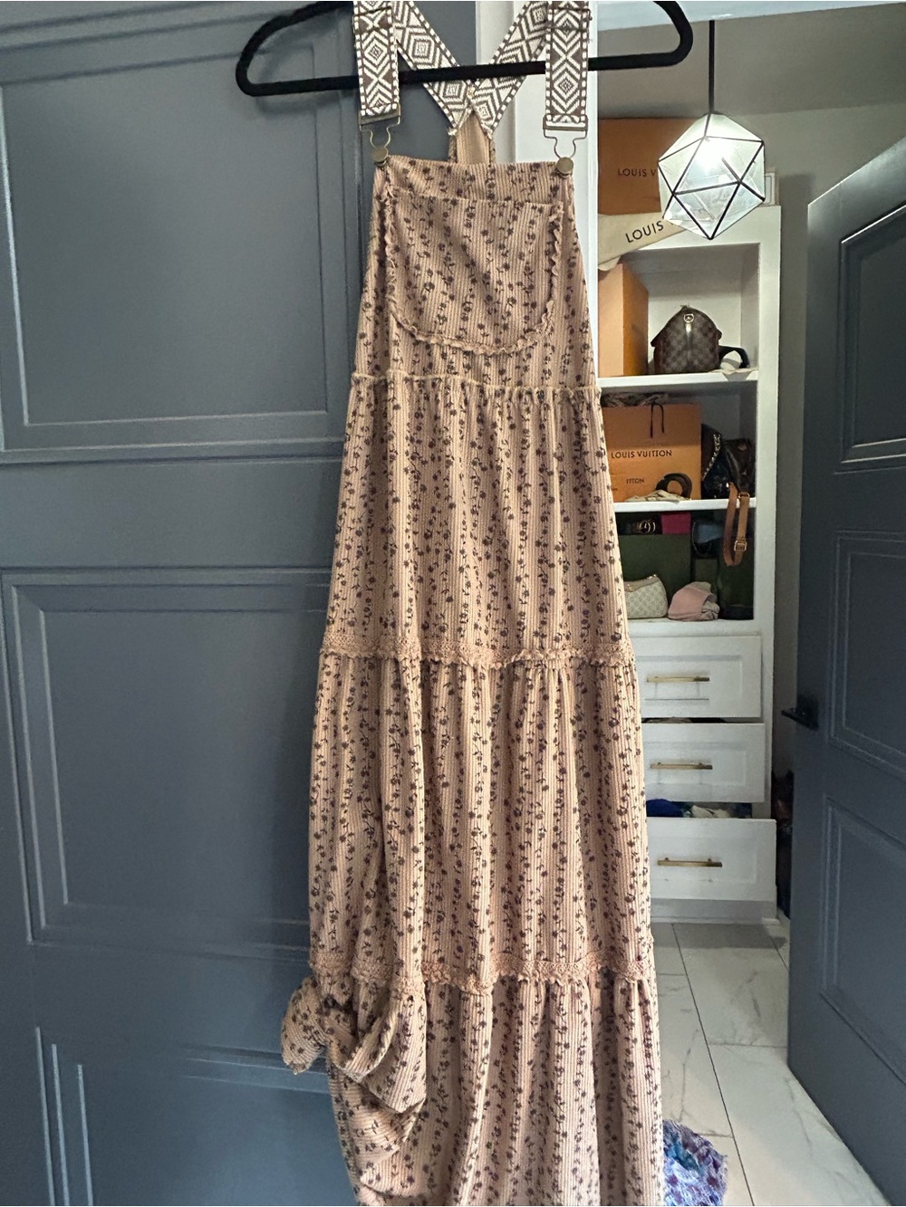 SHEIN Beige Floral Tiered Maxi Dress with Patterned Straps